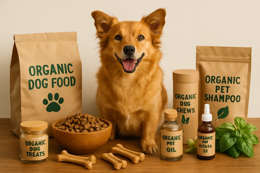A happy pet surrounded by organic pet supplies