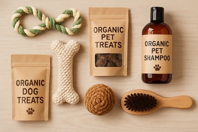 Organic pet supplies including toys, treats, and grooming products.