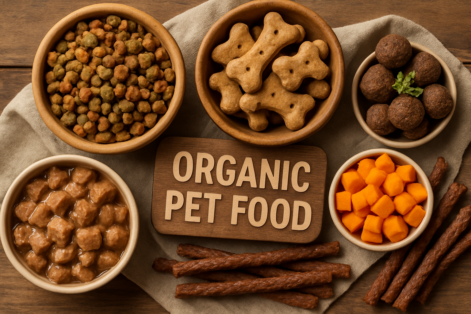 Assortment of organic pet food and treats